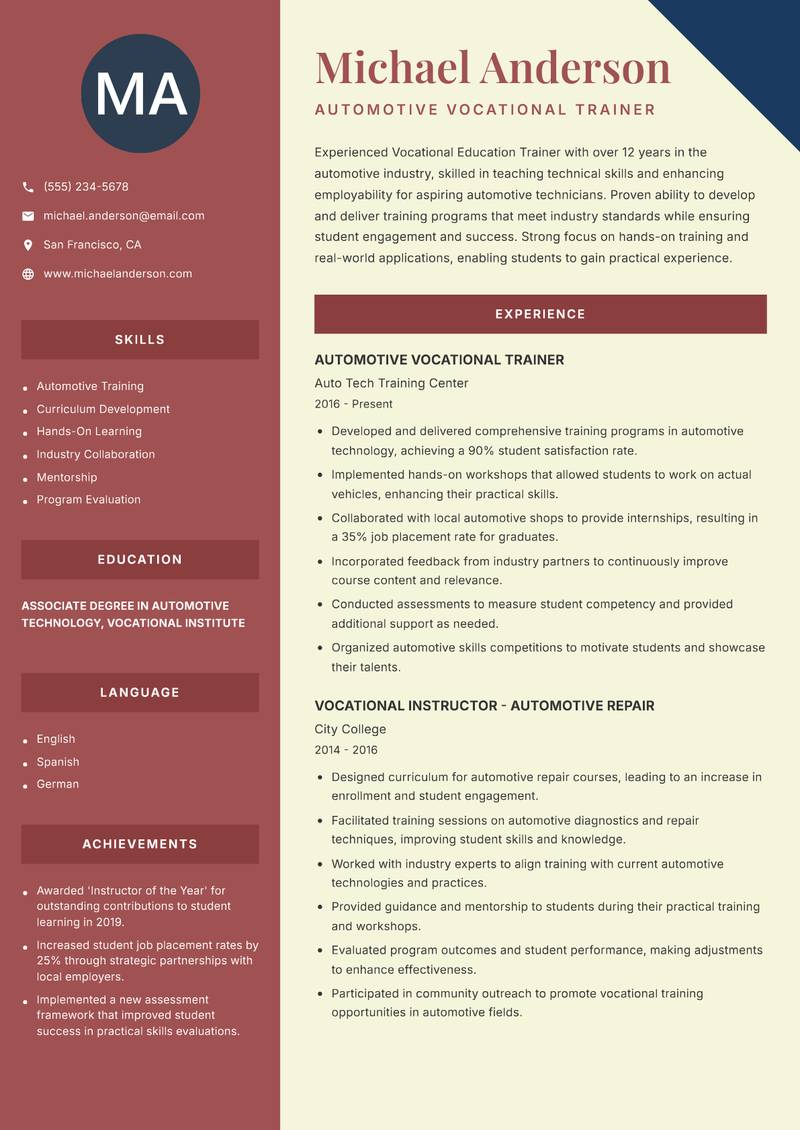 Vocational Education Trainer resume template — Two Column