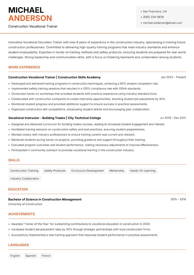 Vocational Education Trainer resume template — Modern Professional