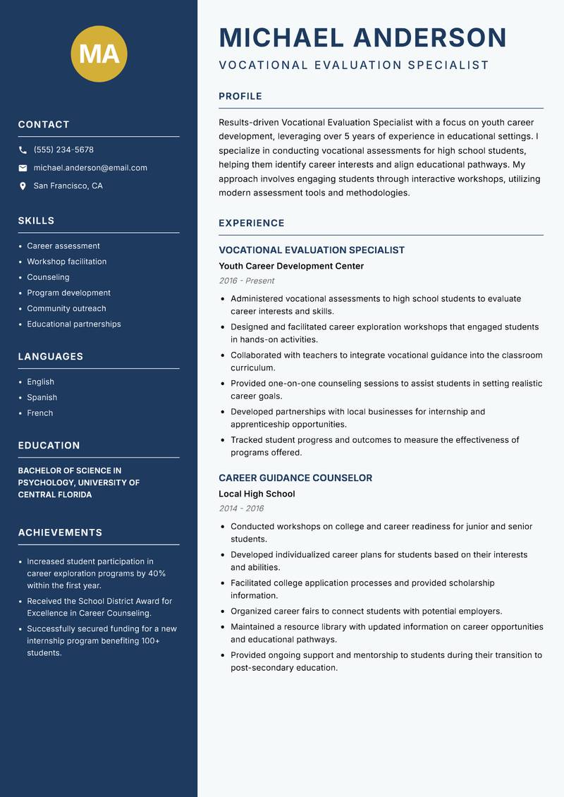 Vocational Evaluation Specialist resume template — Classic Clean