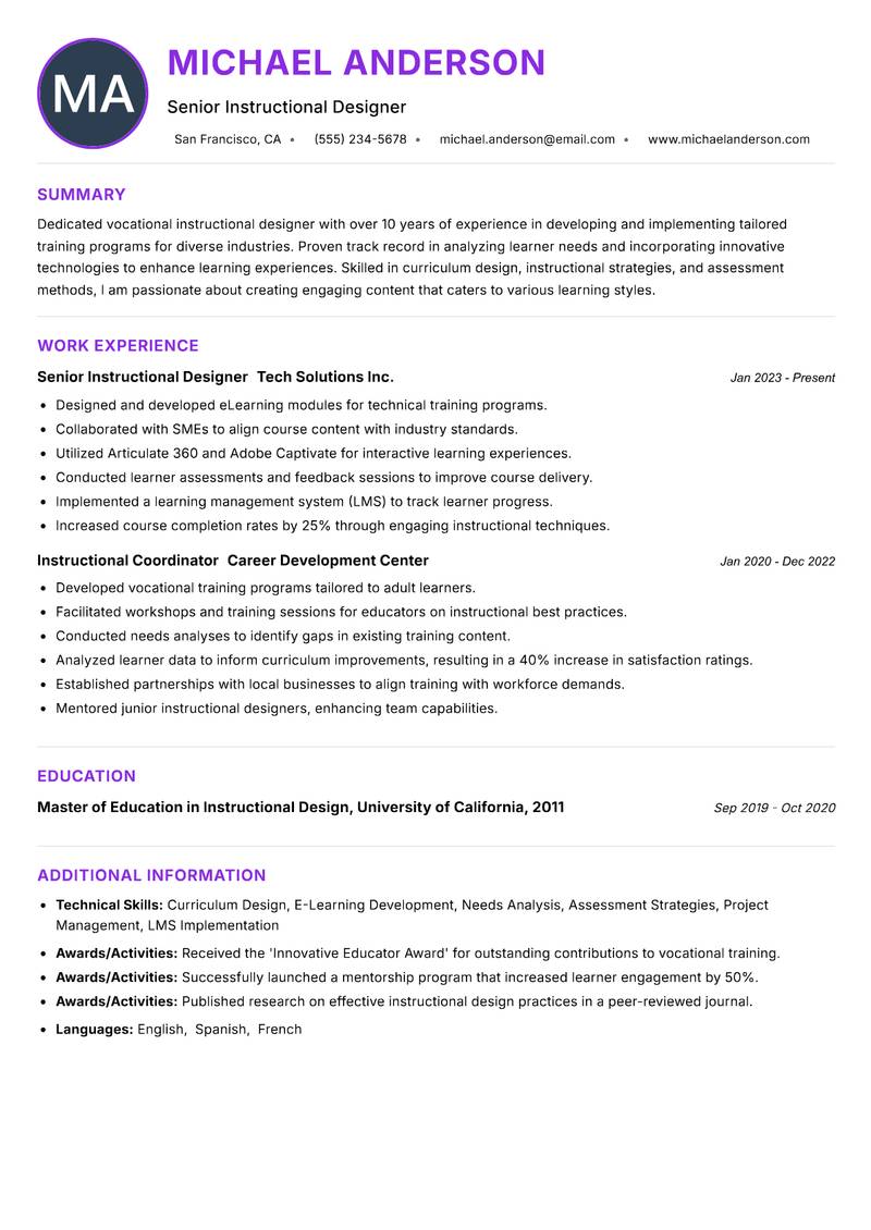 Vocational Instructional Designer resume example — ATS-friendly template