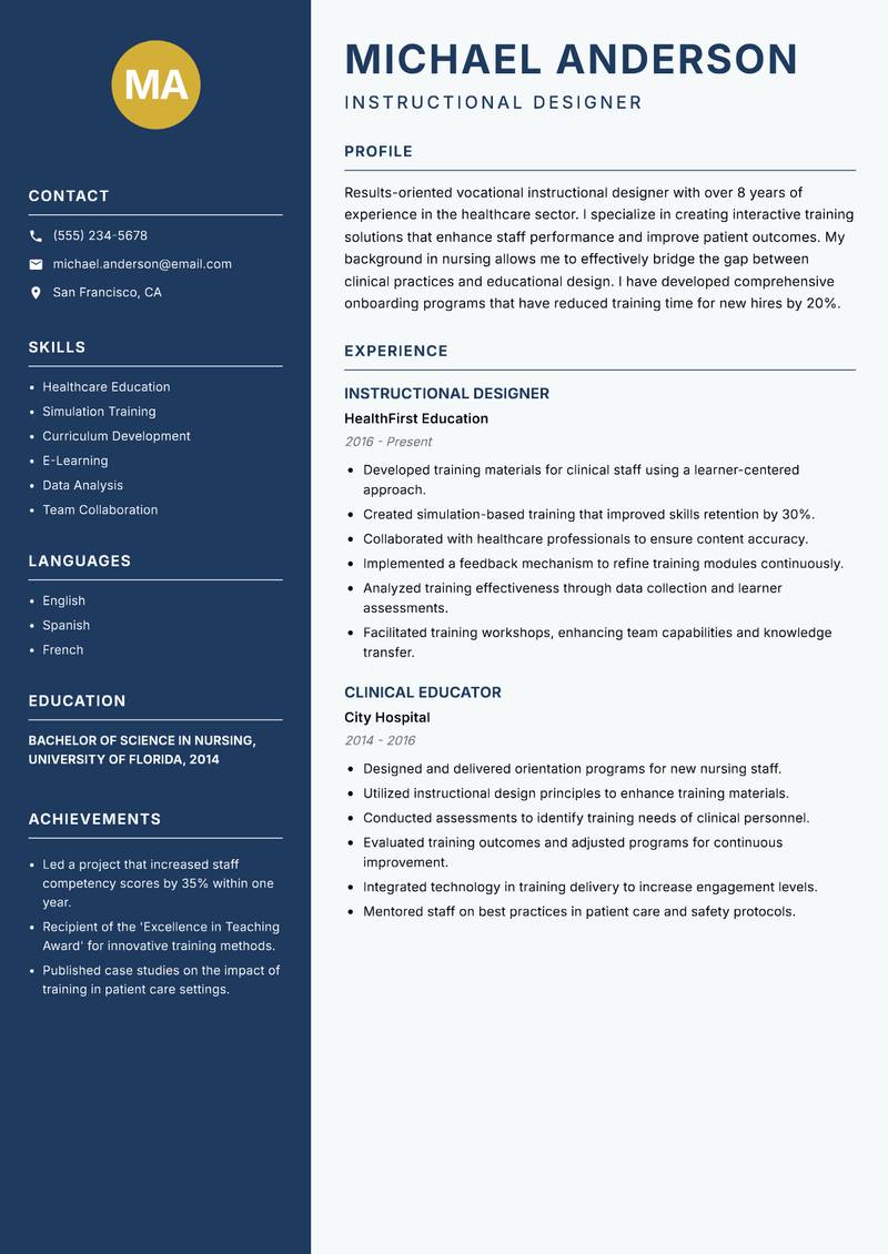 Vocational Instructional Designer resume template — Classic Clean