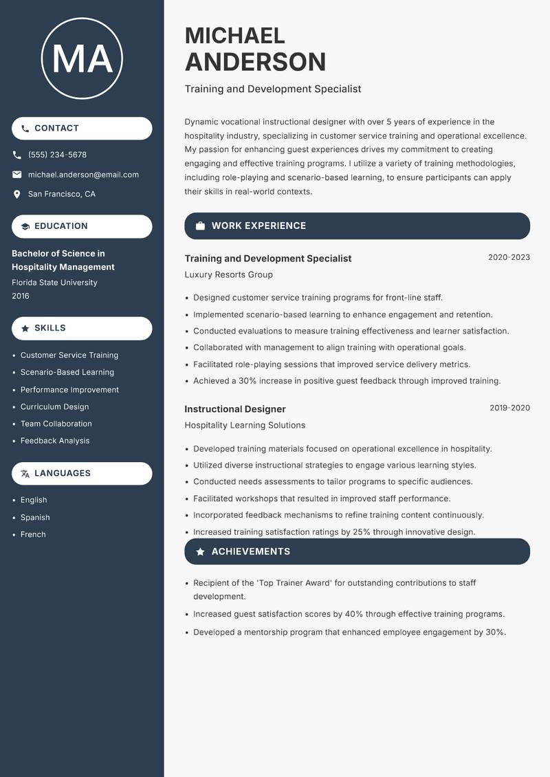 Vocational Instructional Designer resume template — Compact