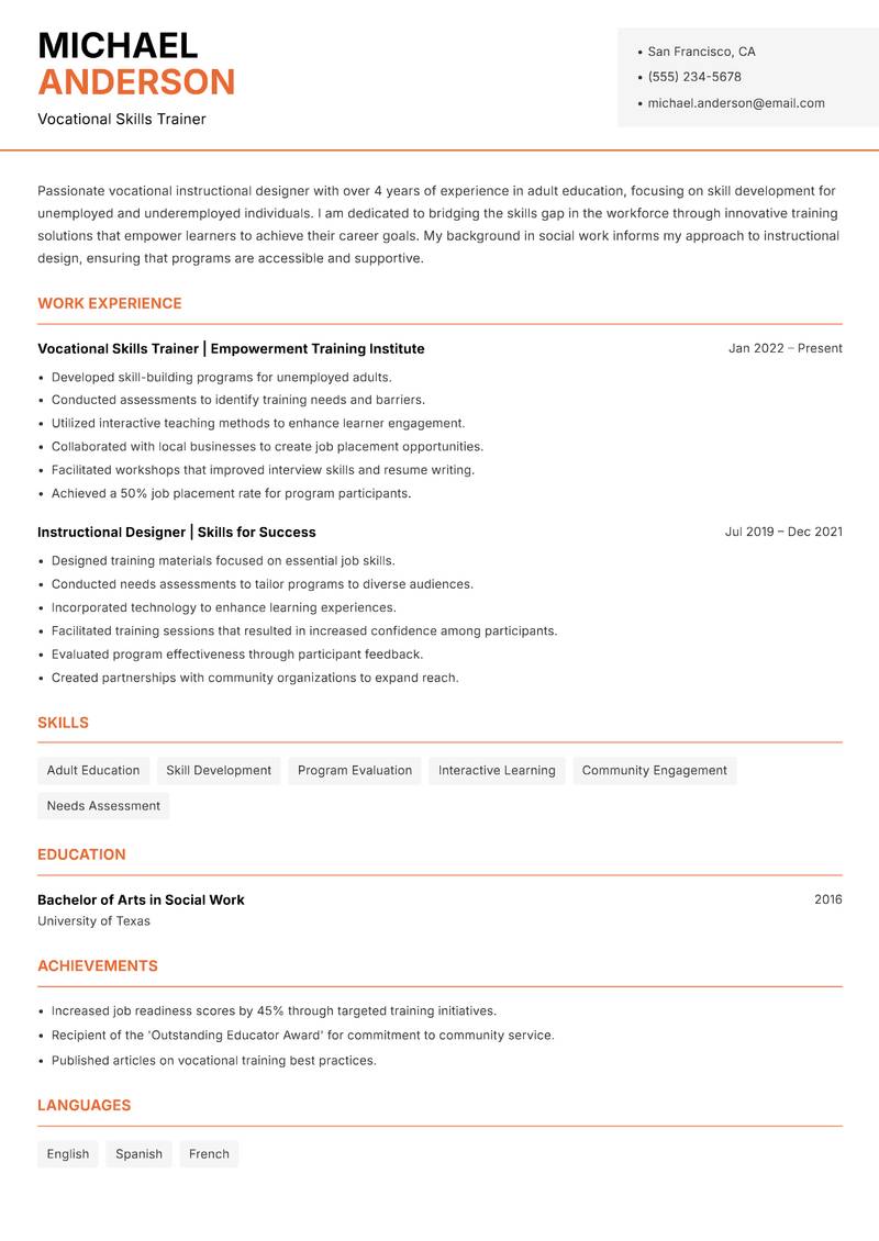 Vocational Instructional Designer resume template — Modern Professional