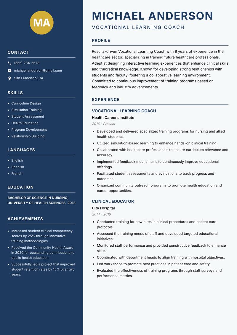 Vocational Learning Coach resume template — Classic Clean