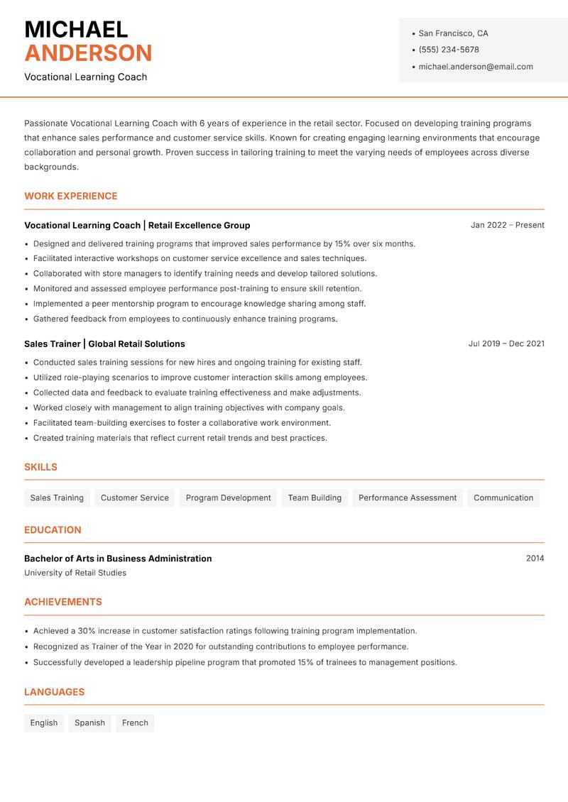 Vocational Learning Coach resume template — Modern Professional