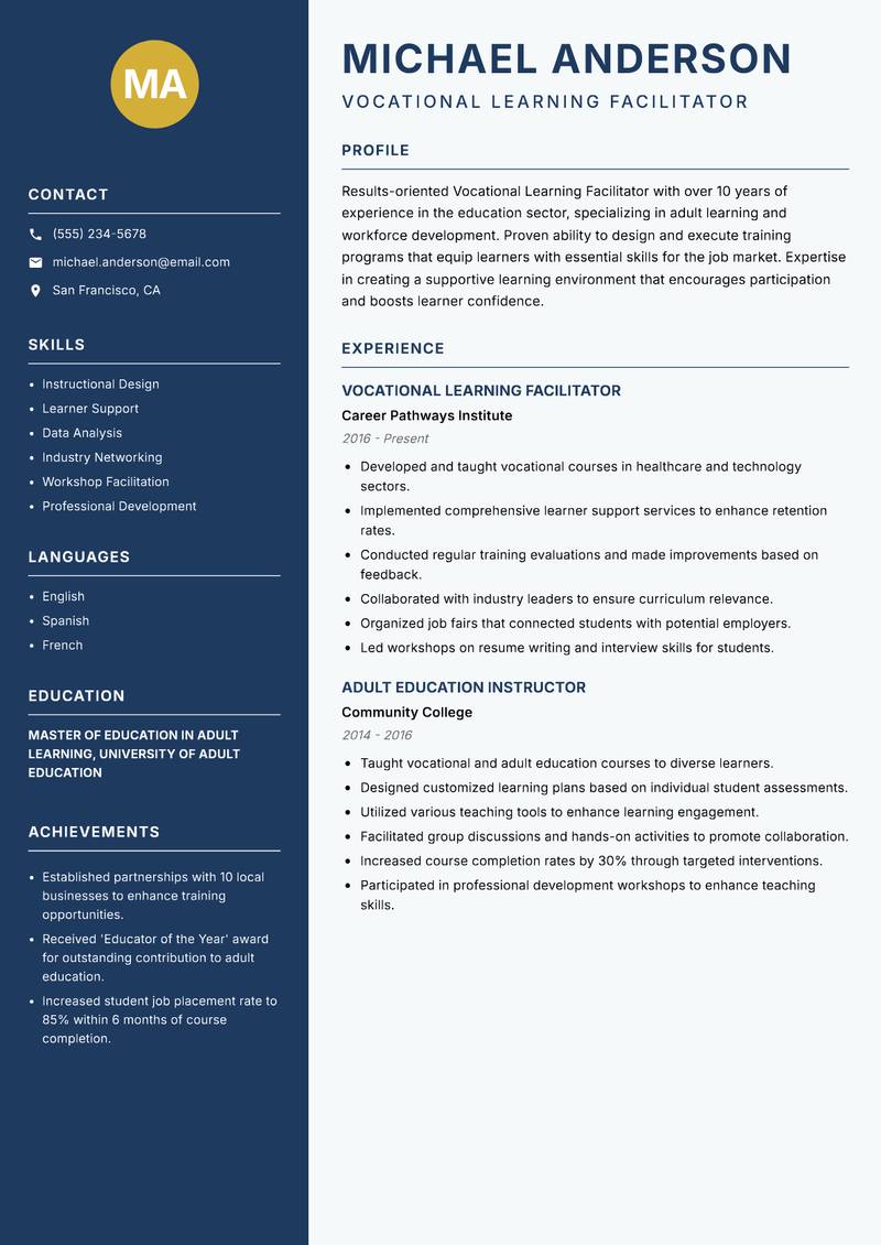 Vocational Learning Facilitator resume template — Classic Clean