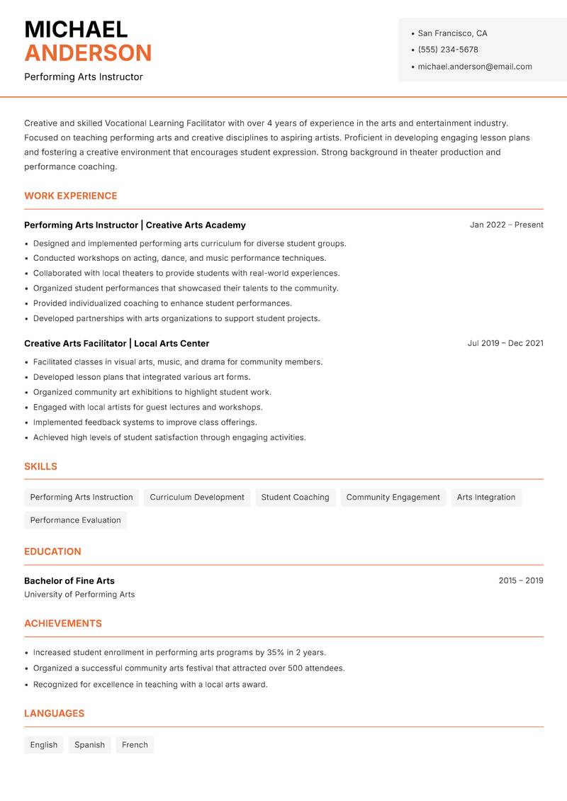 Vocational Learning Facilitator resume template — Modern Professional