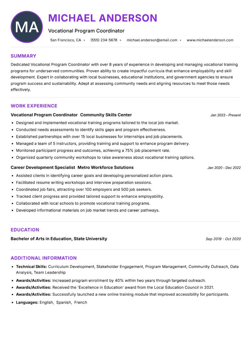Vocational Program Coordinator resume example — ATS-friendly template