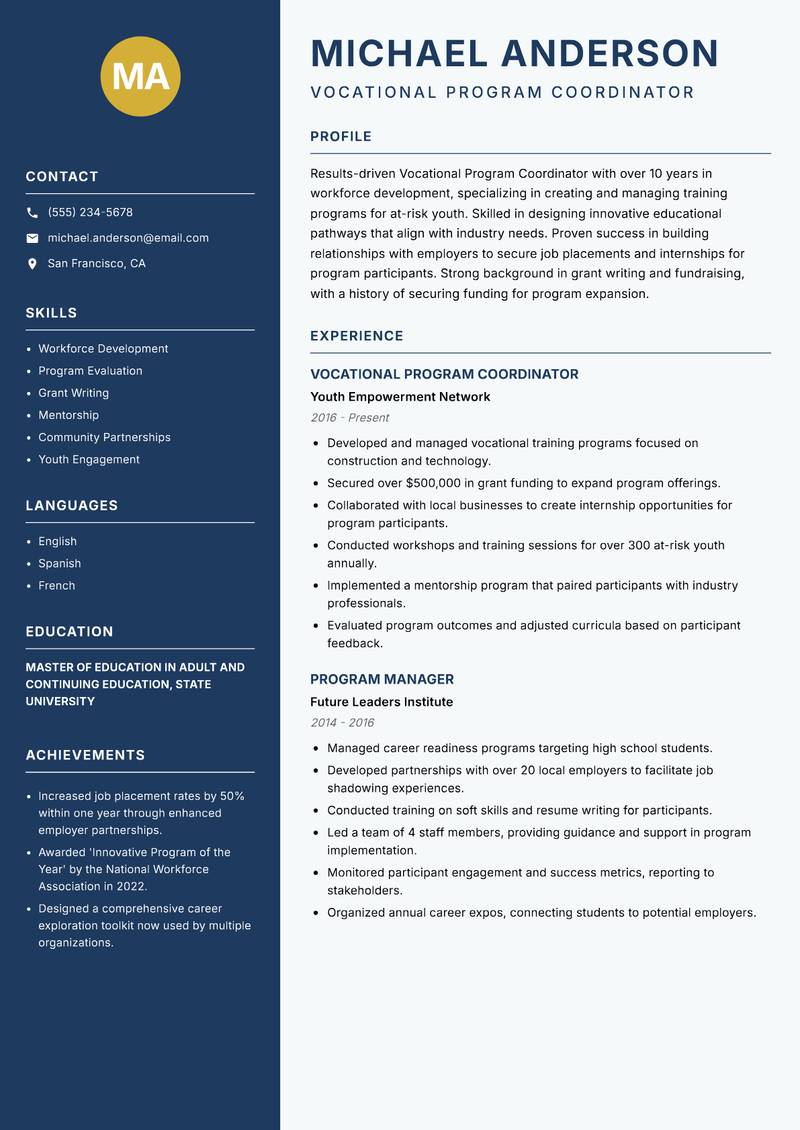 Vocational Program Coordinator resume template — Classic Clean
