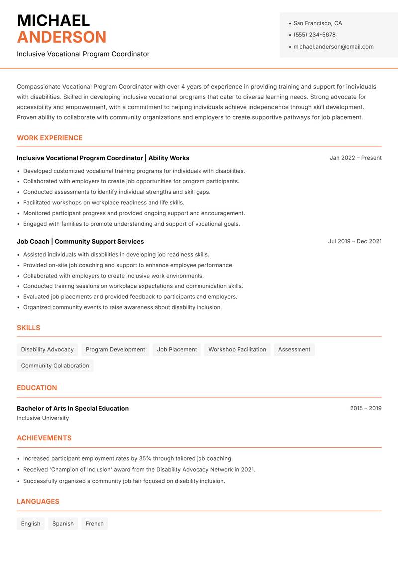 Vocational Program Coordinator resume template — Modern Professional