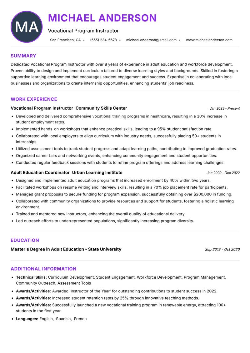 Vocational Program Instructor resume example — ATS-friendly template