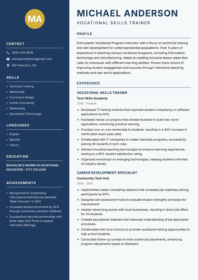 Vocational Program Instructor resume template — Classic Clean