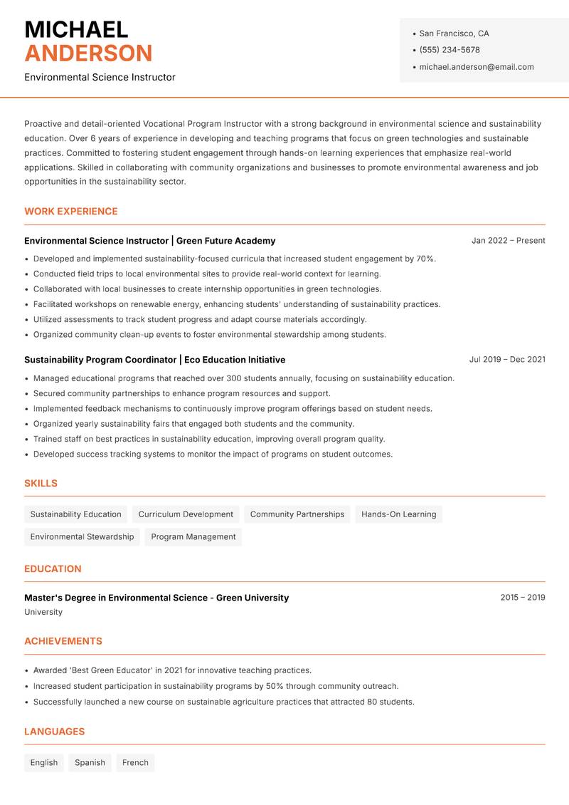 Vocational Program Instructor resume template — Modern Professional