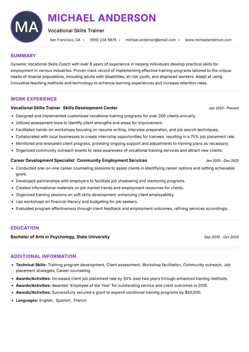 Vocational Skills Coach resume example — ATS-friendly template