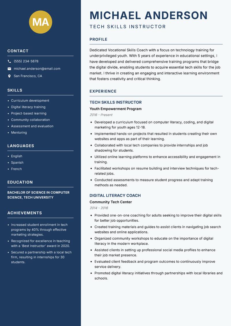 Vocational Skills Coach resume template — Classic Clean