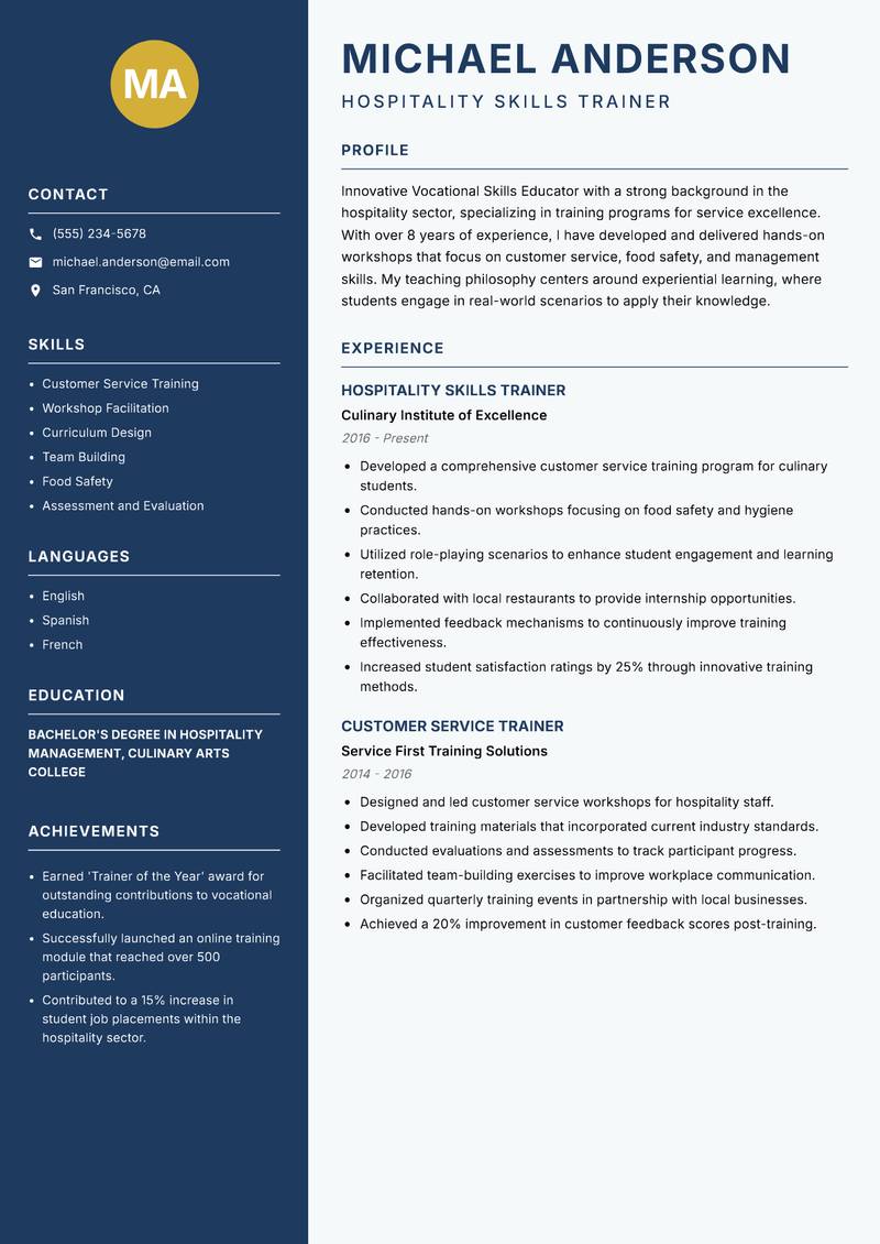 Vocational Skills Educator resume template — Classic Clean