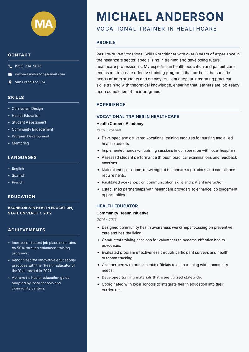 Vocational Skills Practitioner resume template — Classic Clean
