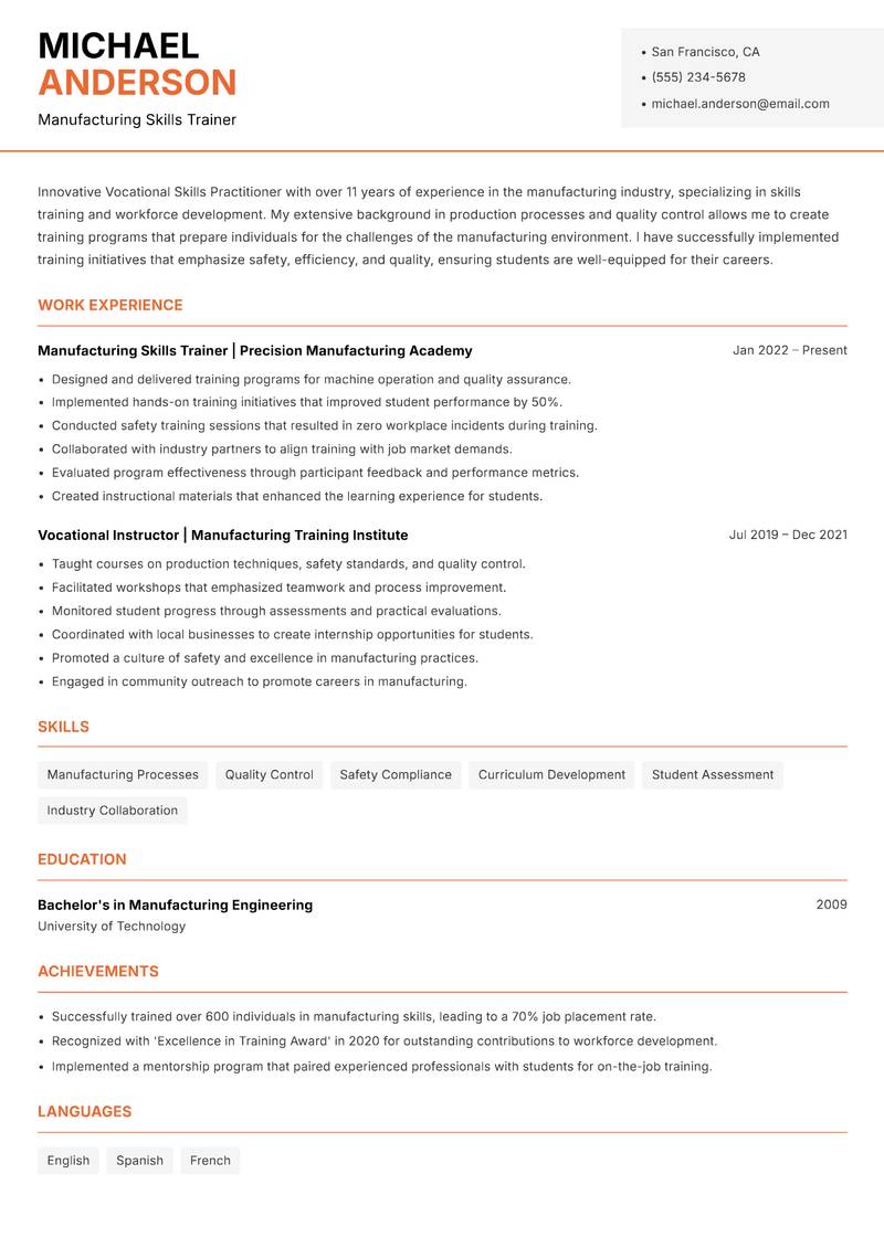 Vocational Skills Practitioner resume template — Modern Professional
