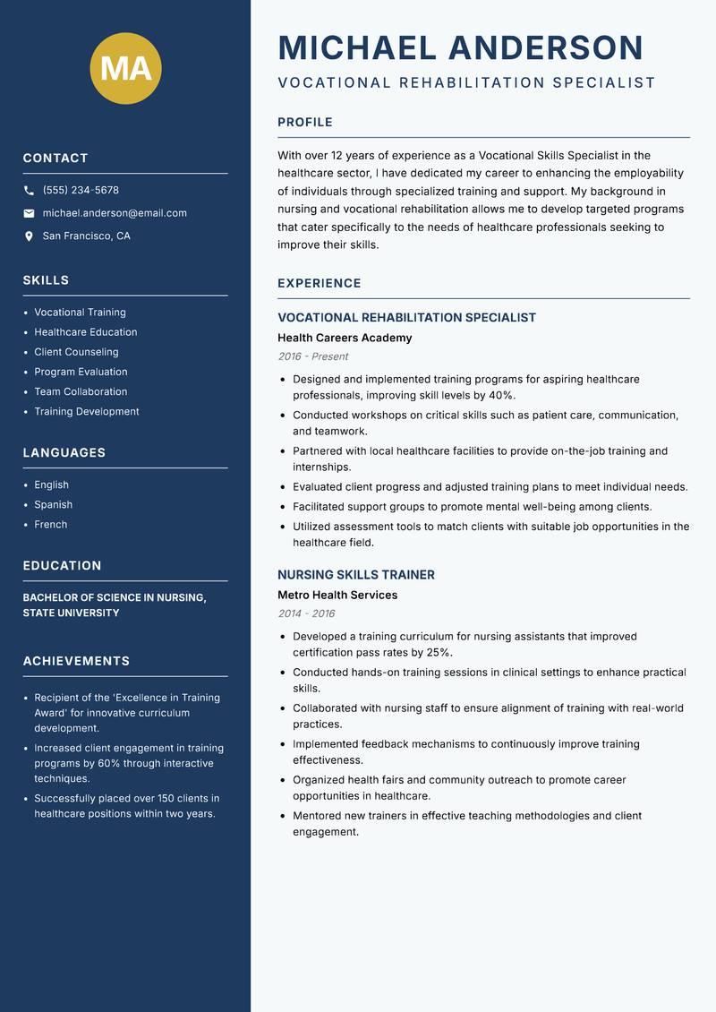 Vocational Skills Specialist resume template — Classic Clean