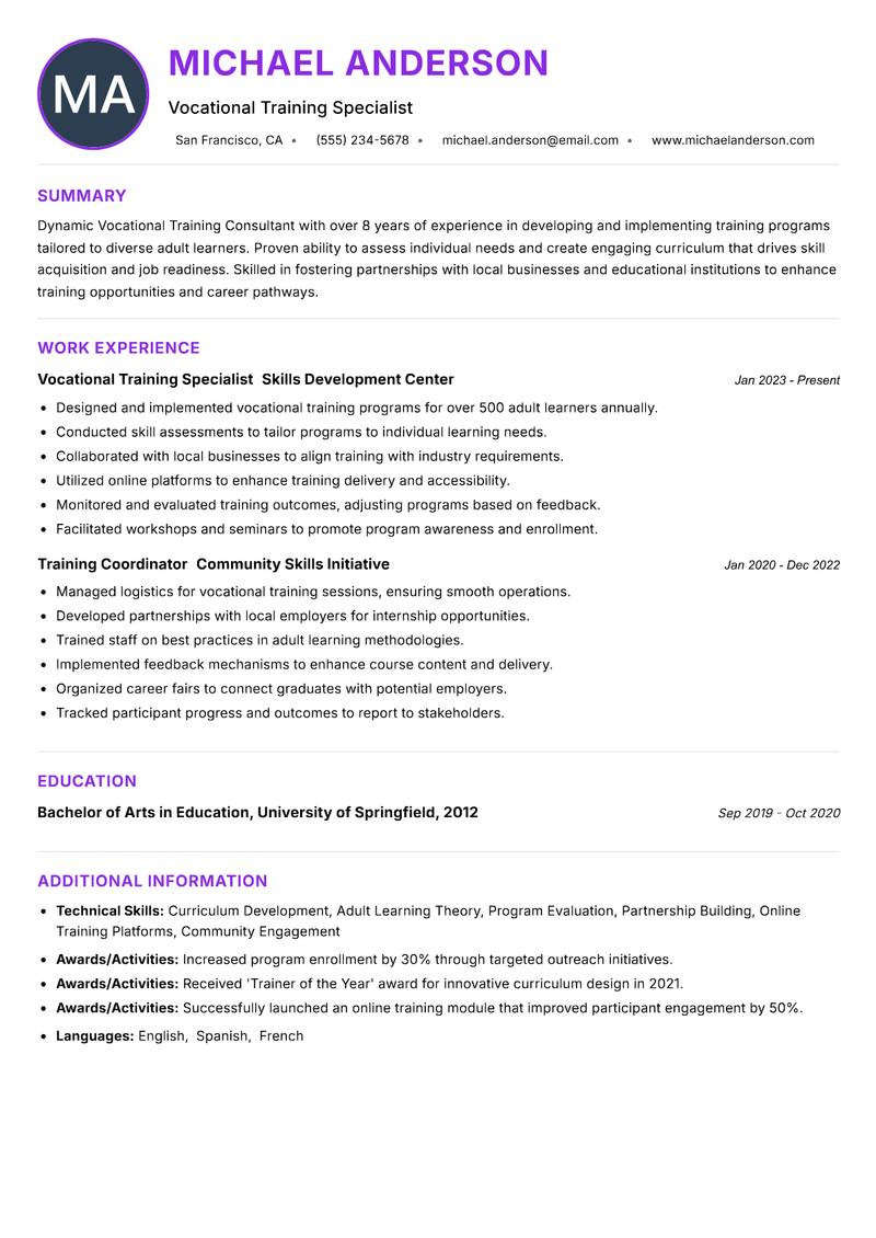 Vocational Training Consultant resume example — ATS-friendly template
