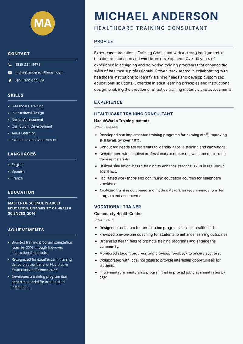 Vocational Training Consultant resume template — Classic Clean