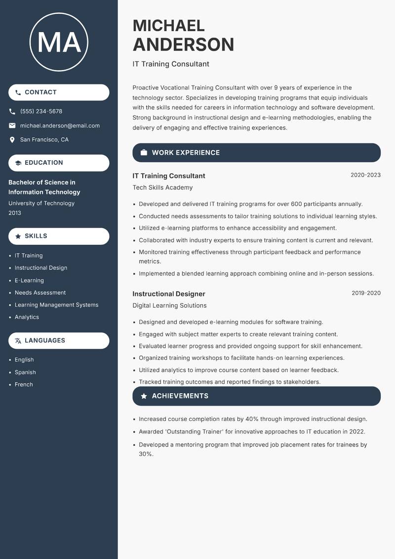 Vocational Training Consultant resume template — Compact