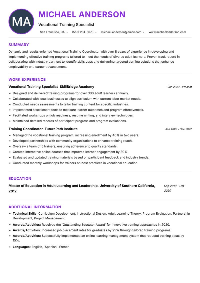 Vocational Training Coordinator resume example — ATS-friendly template