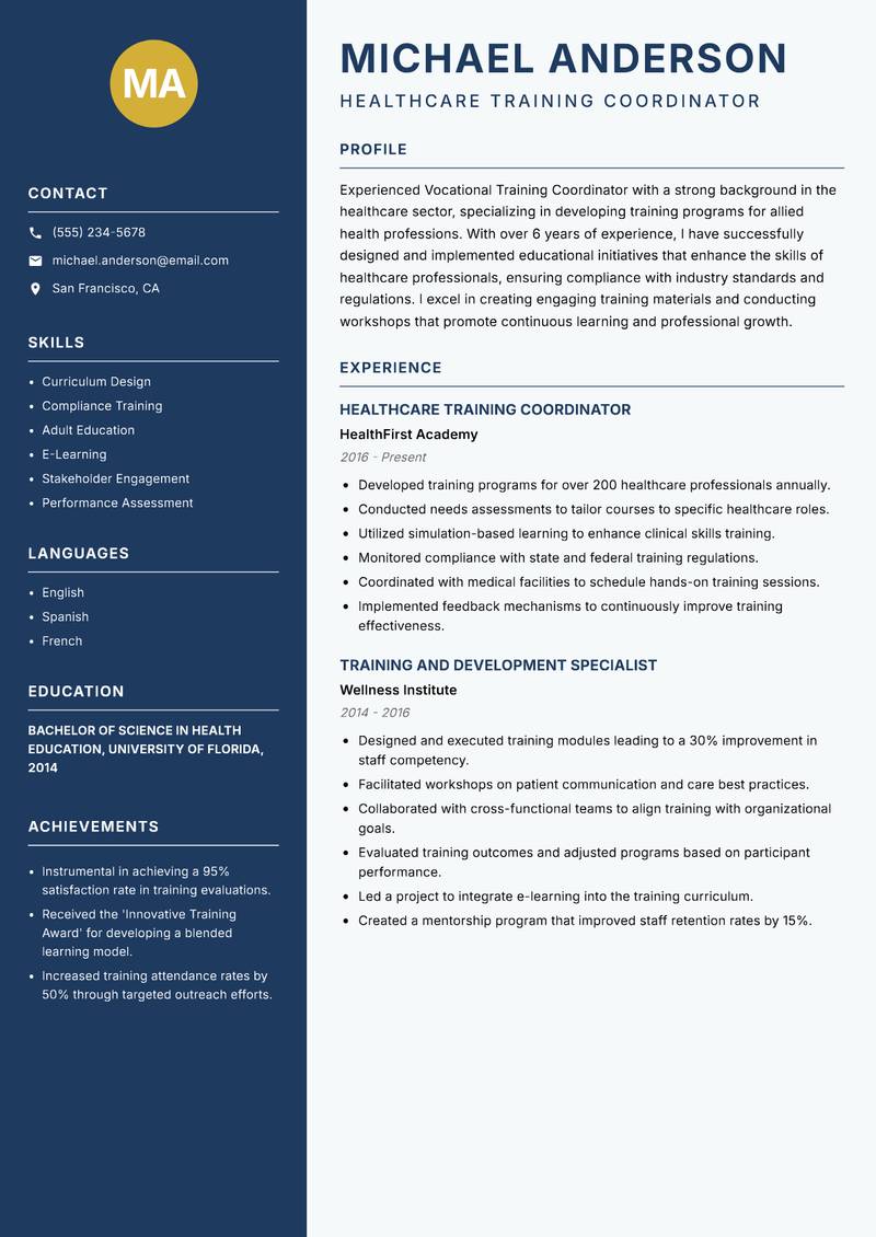 Vocational Training Coordinator resume template — Classic Clean