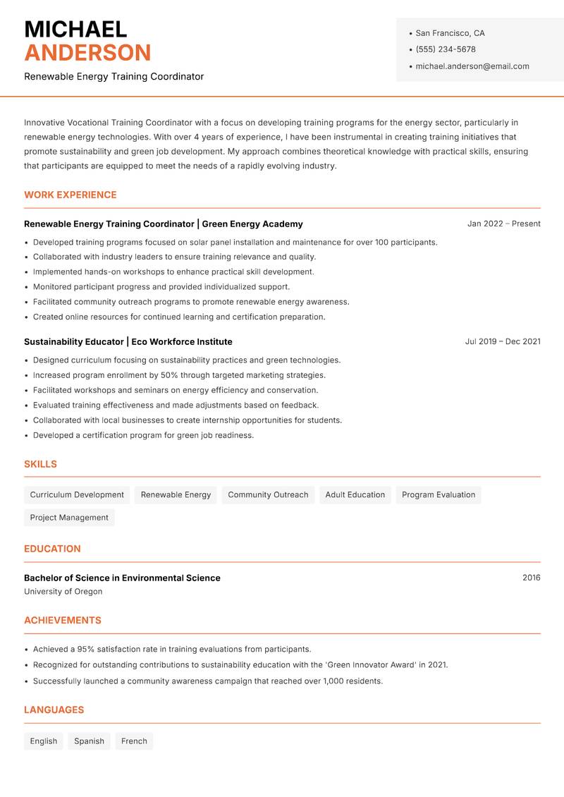 Vocational Training Coordinator resume template — Modern Professional