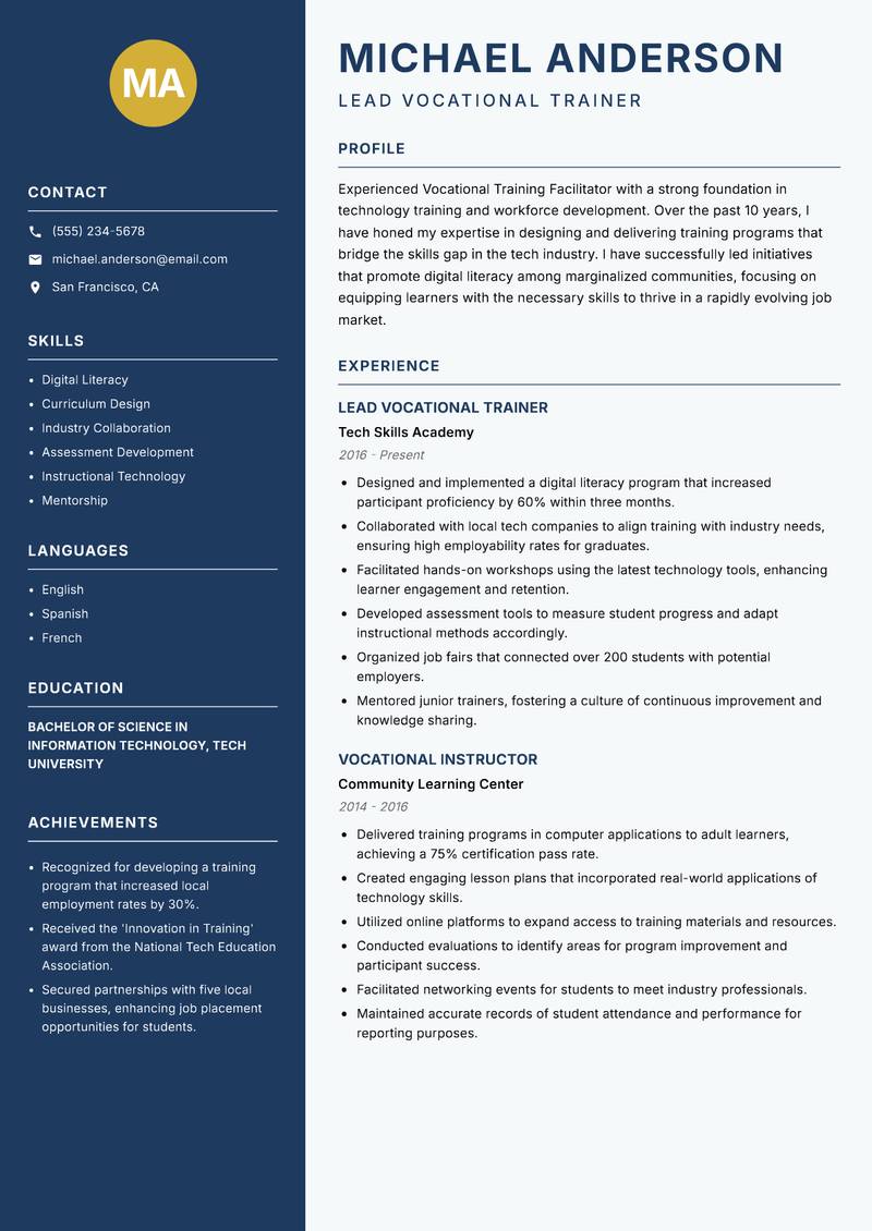 Vocational Training Facilitator resume template — Classic Clean