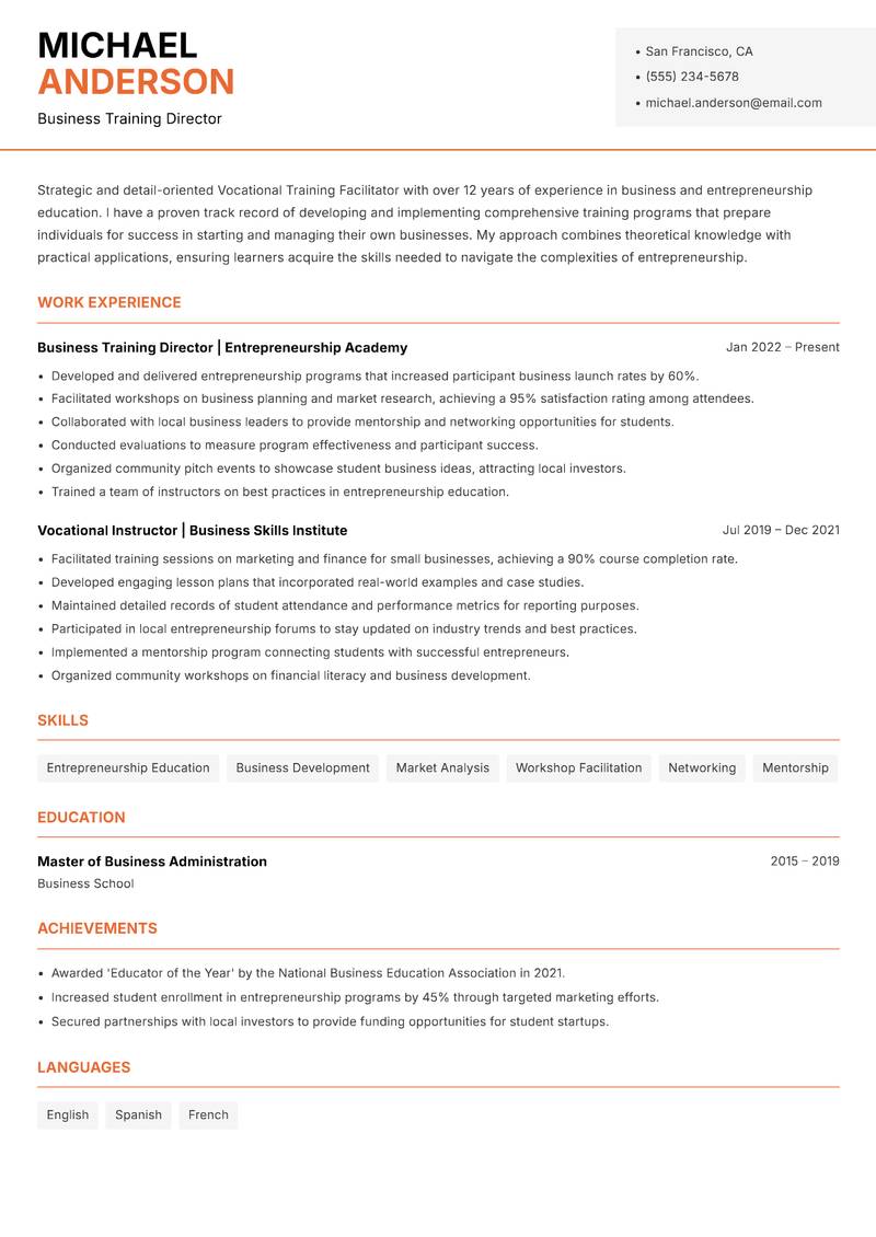 Vocational Training Facilitator resume template — Modern Professional