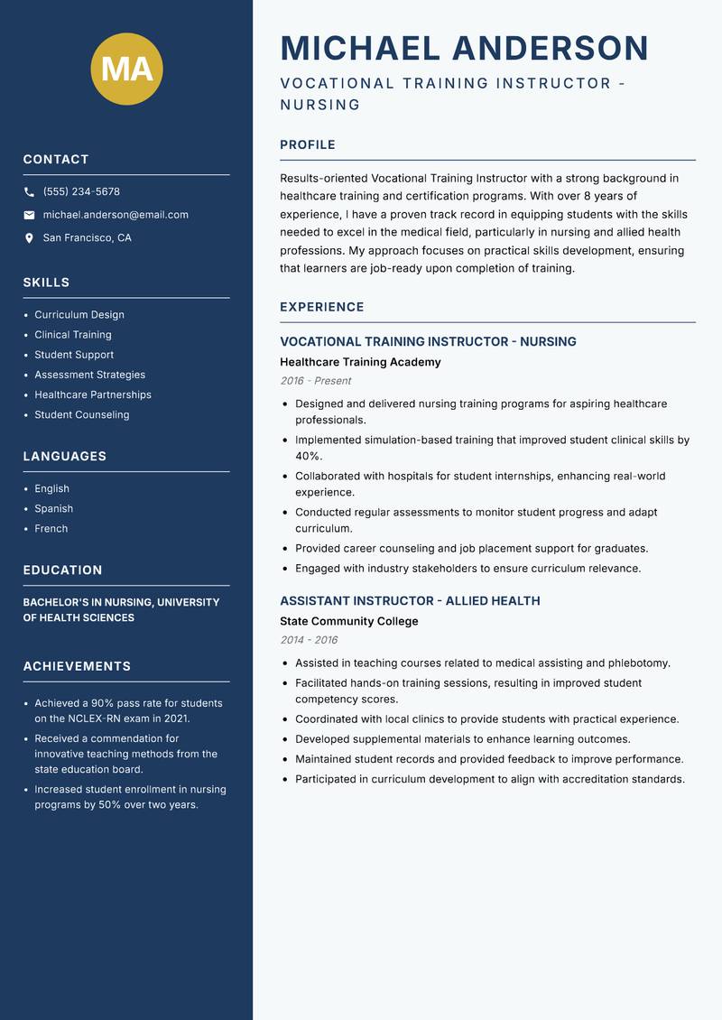 Vocational Training Instructor resume template — Classic Clean