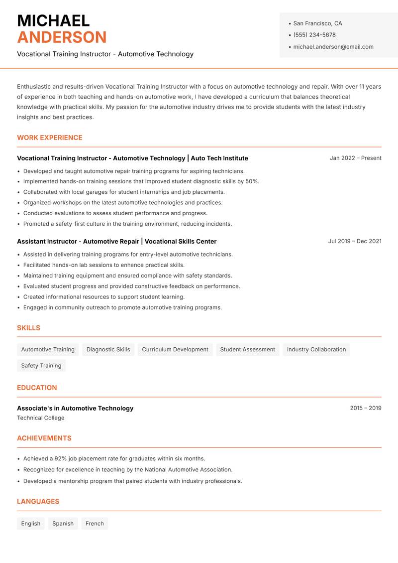 Vocational Training Instructor resume template — Modern Professional