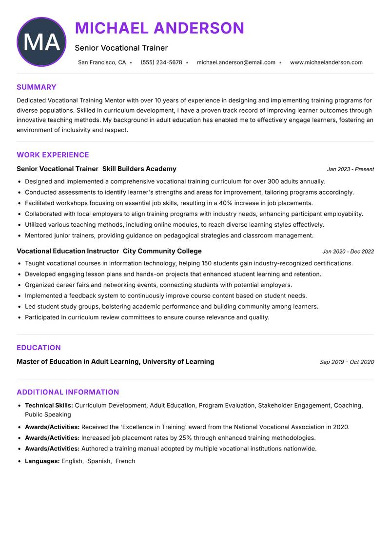 Vocational Training Mentor resume example — ATS-friendly template
