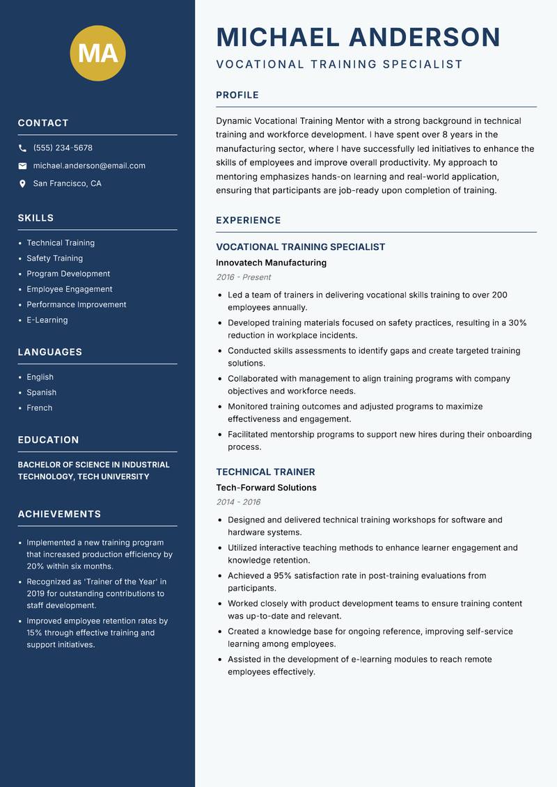 Vocational Training Mentor resume template — Classic Clean