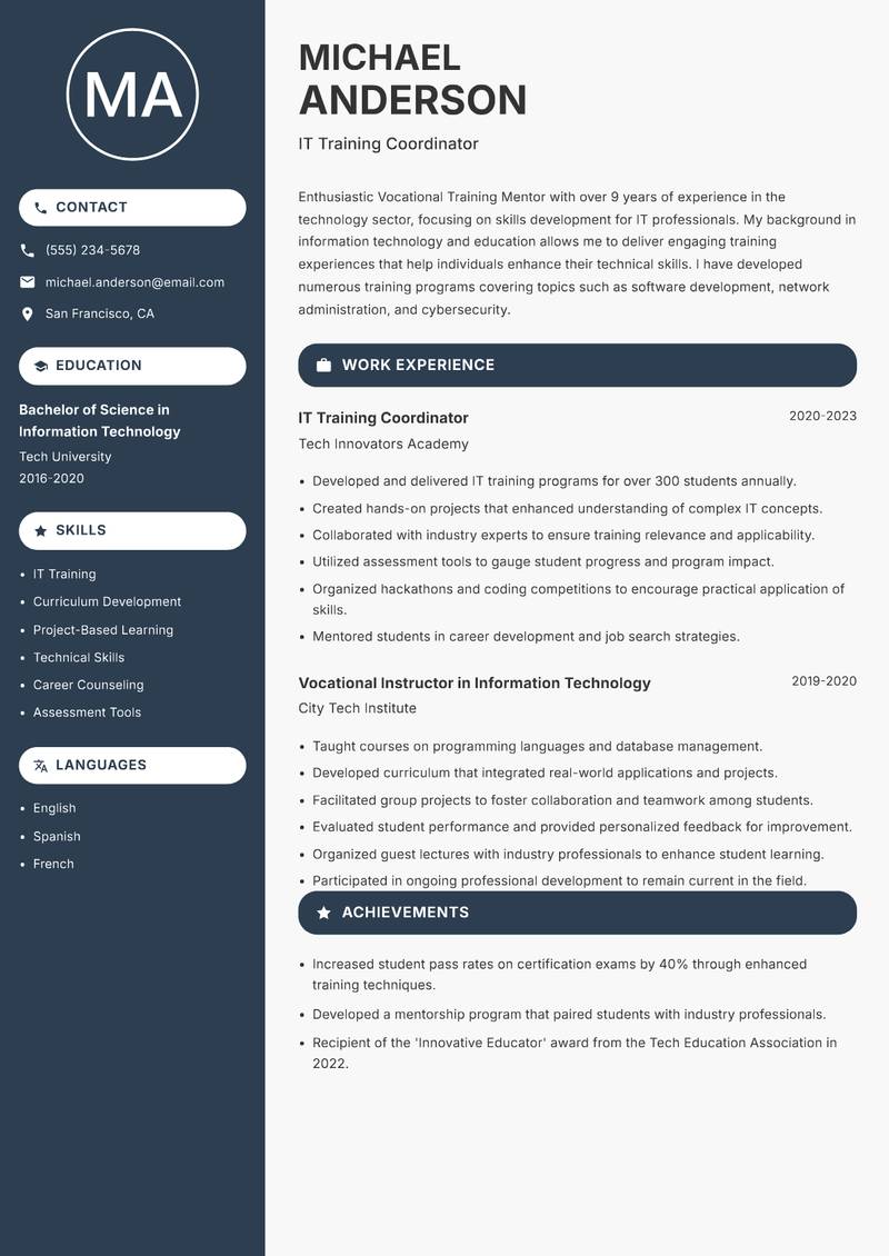 Vocational Training Mentor resume template — Compact