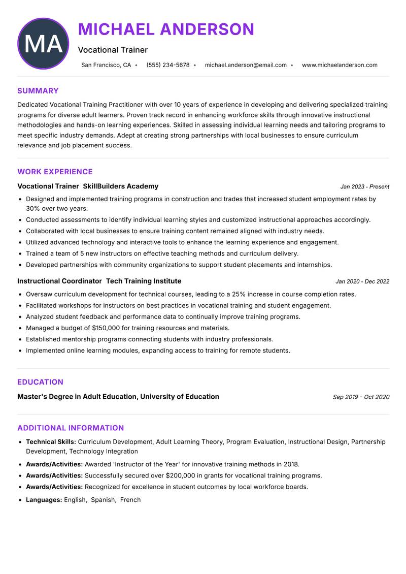 Vocational Training Practitioner resume example — ATS-friendly template