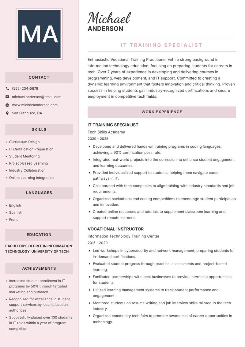 Vocational Training Practitioner resume template — Executive