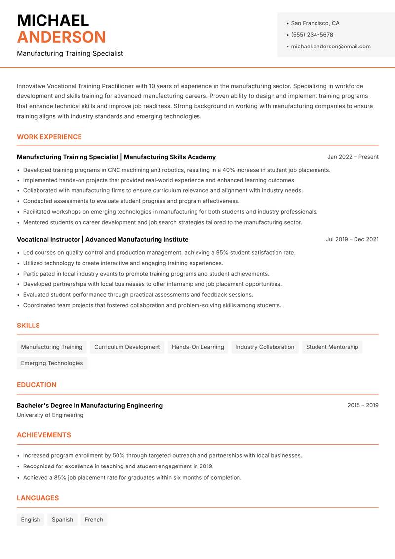 Vocational Training Practitioner resume template — Modern Professional