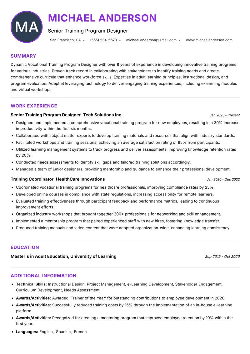 Vocational Training Program Designer resume example — ATS-friendly template