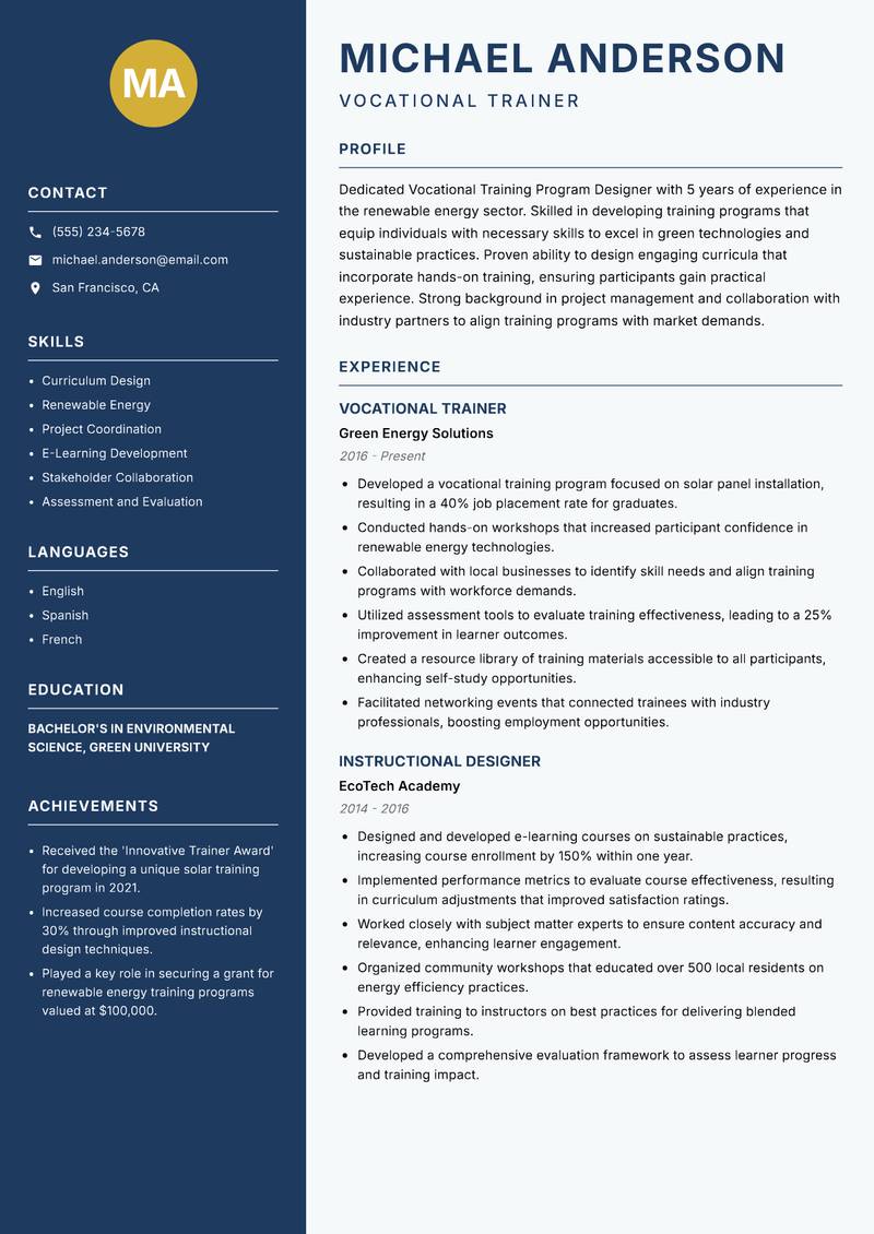 Vocational Training Program Designer resume template — Classic Clean