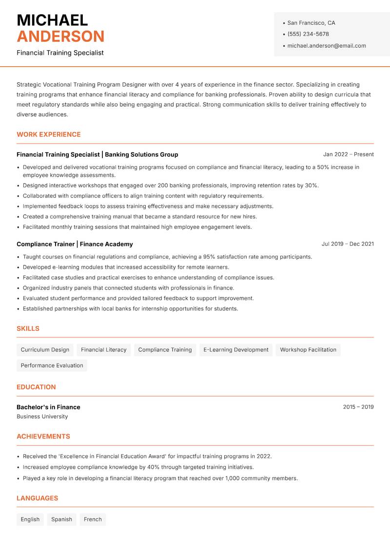 Vocational Training Program Designer resume template — Modern Professional