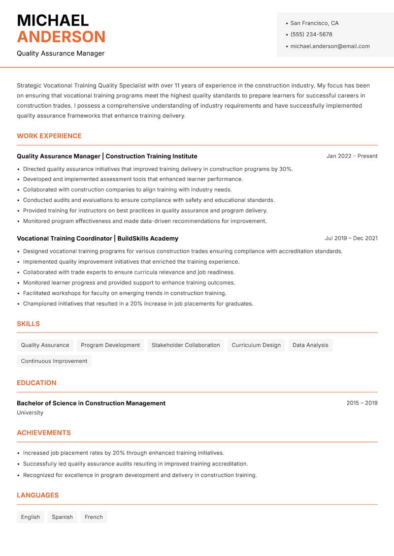 Vocational Training Quality Specialist resume template — Modern Professional