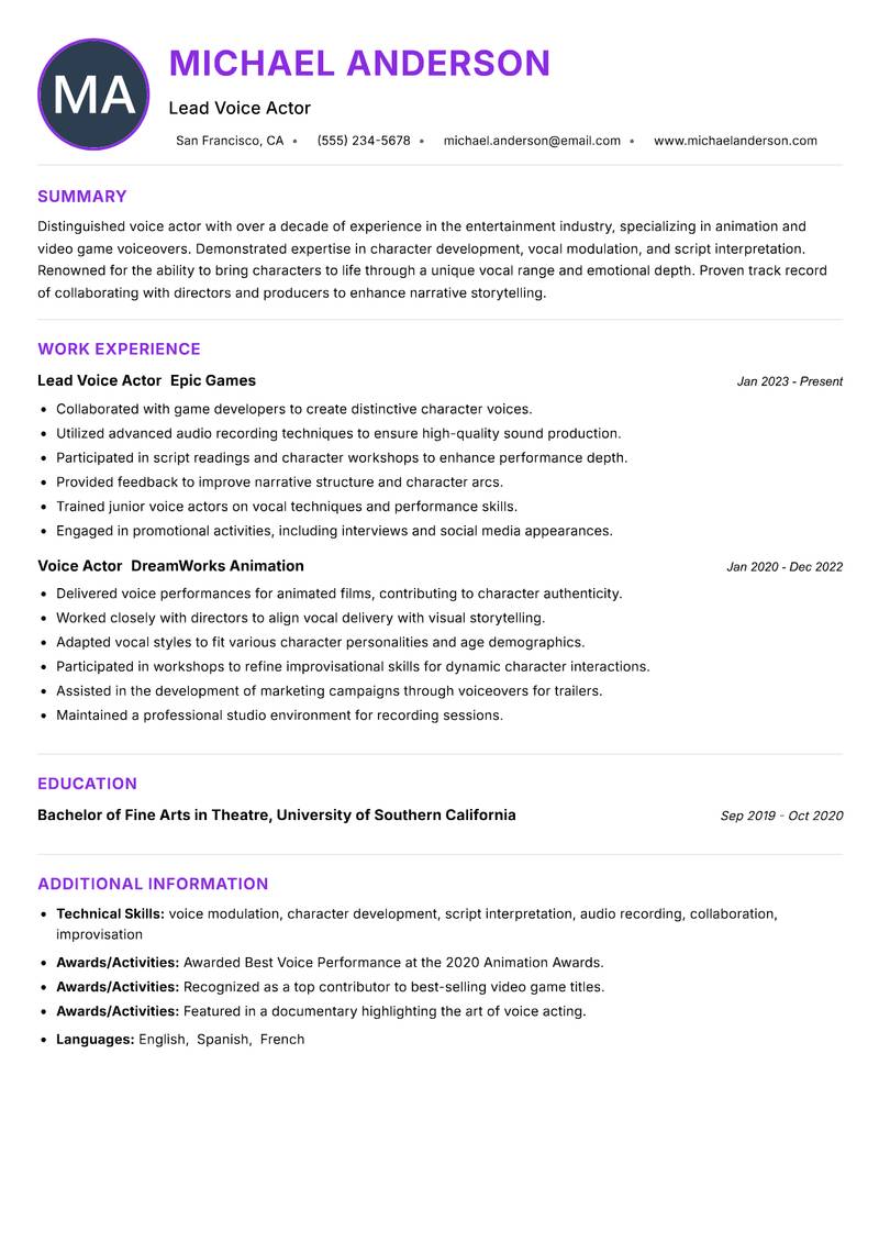 Voice Actor resume example — ATS-friendly template