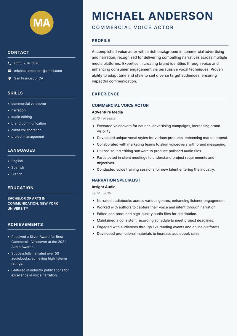 Voice Actor resume template — Classic Clean