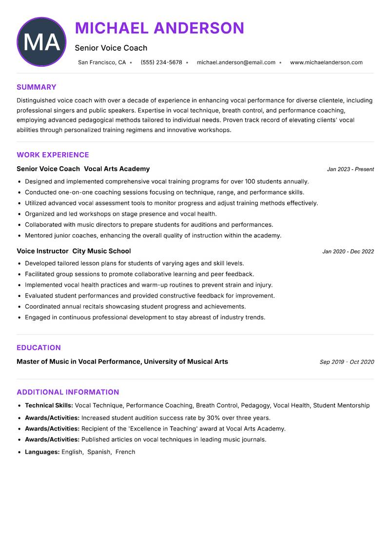 Voice Coach resume example — ATS-friendly template