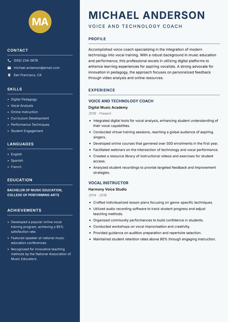 Voice Coach resume template — Classic Clean