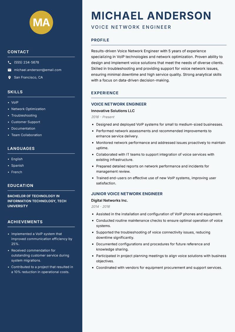 Voice Network Engineer resume template — Classic Clean