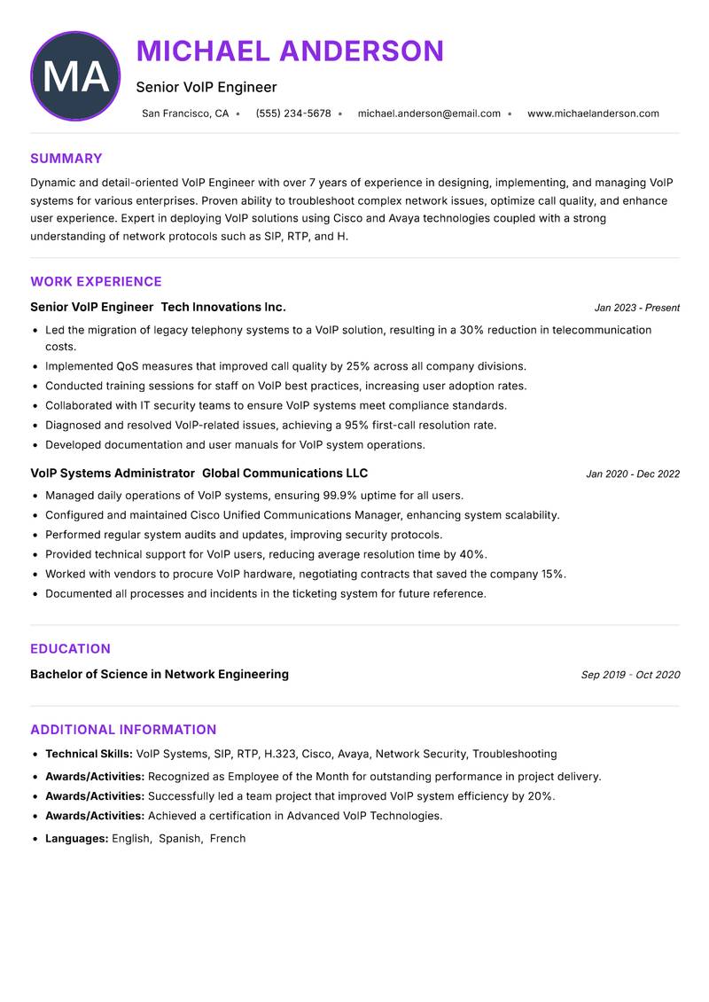 VoIP Engineer resume example — ATS-friendly template