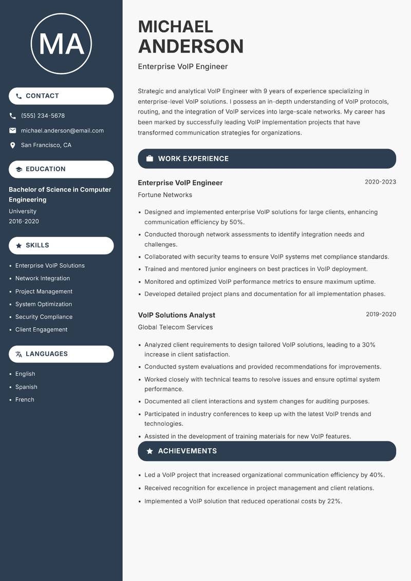 VoIP Engineer resume template — Compact
